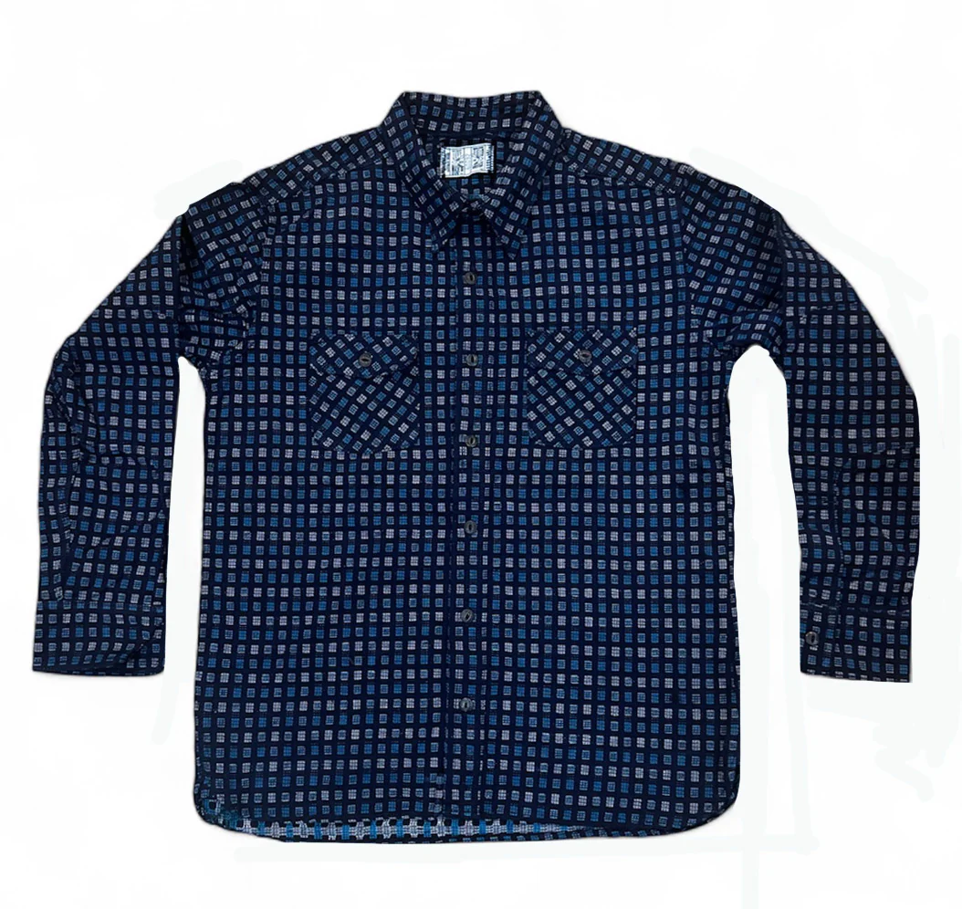 Hanten aqua and white Jacquard check Indigo Farmer Cloth work shirt.