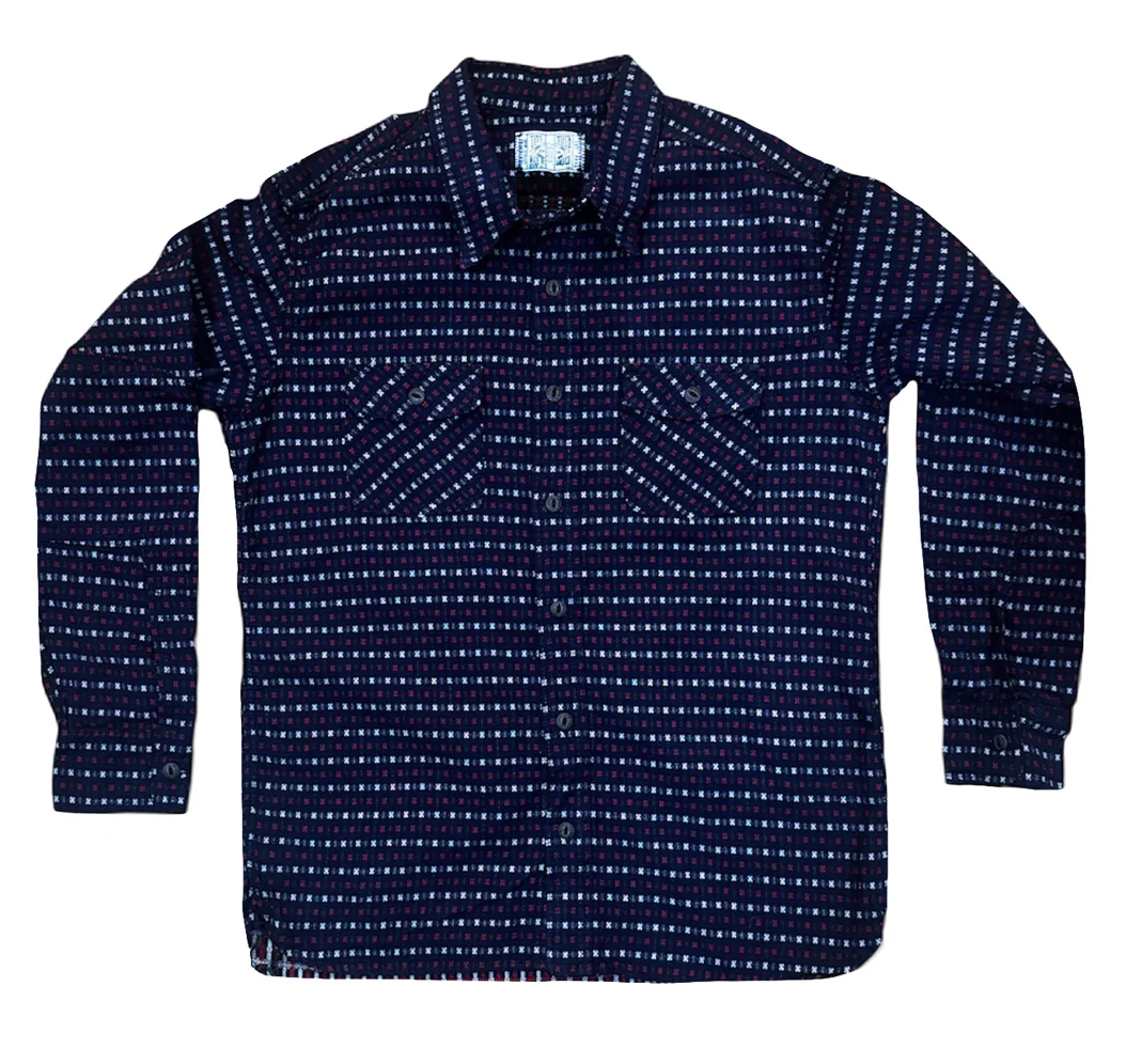 Hanten red & white jacquard check Indigo Farmer Cloth Work Shirt
