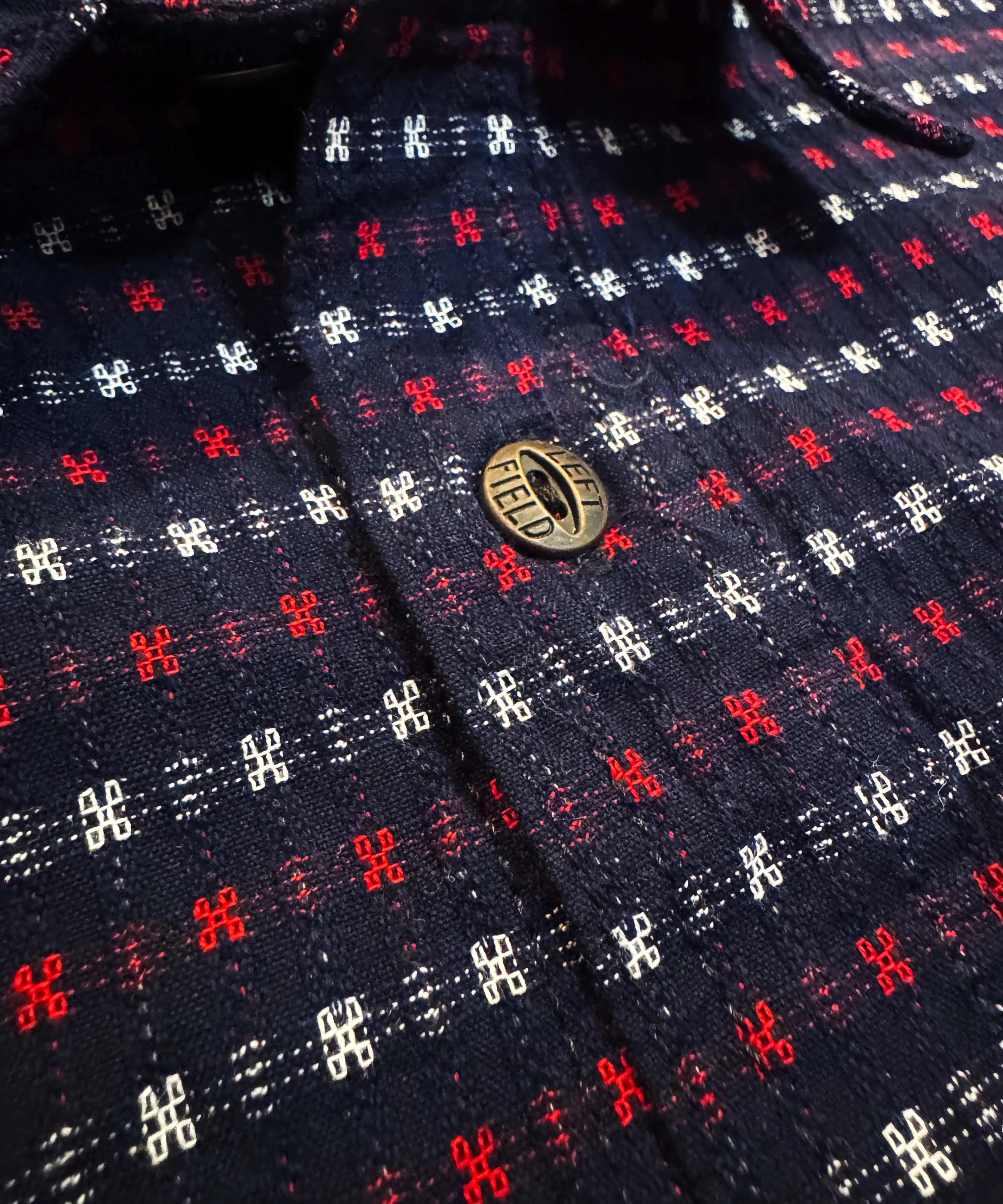 Hanten red & white jacquard check Indigo Farmer Cloth Work Shirt - Image 2