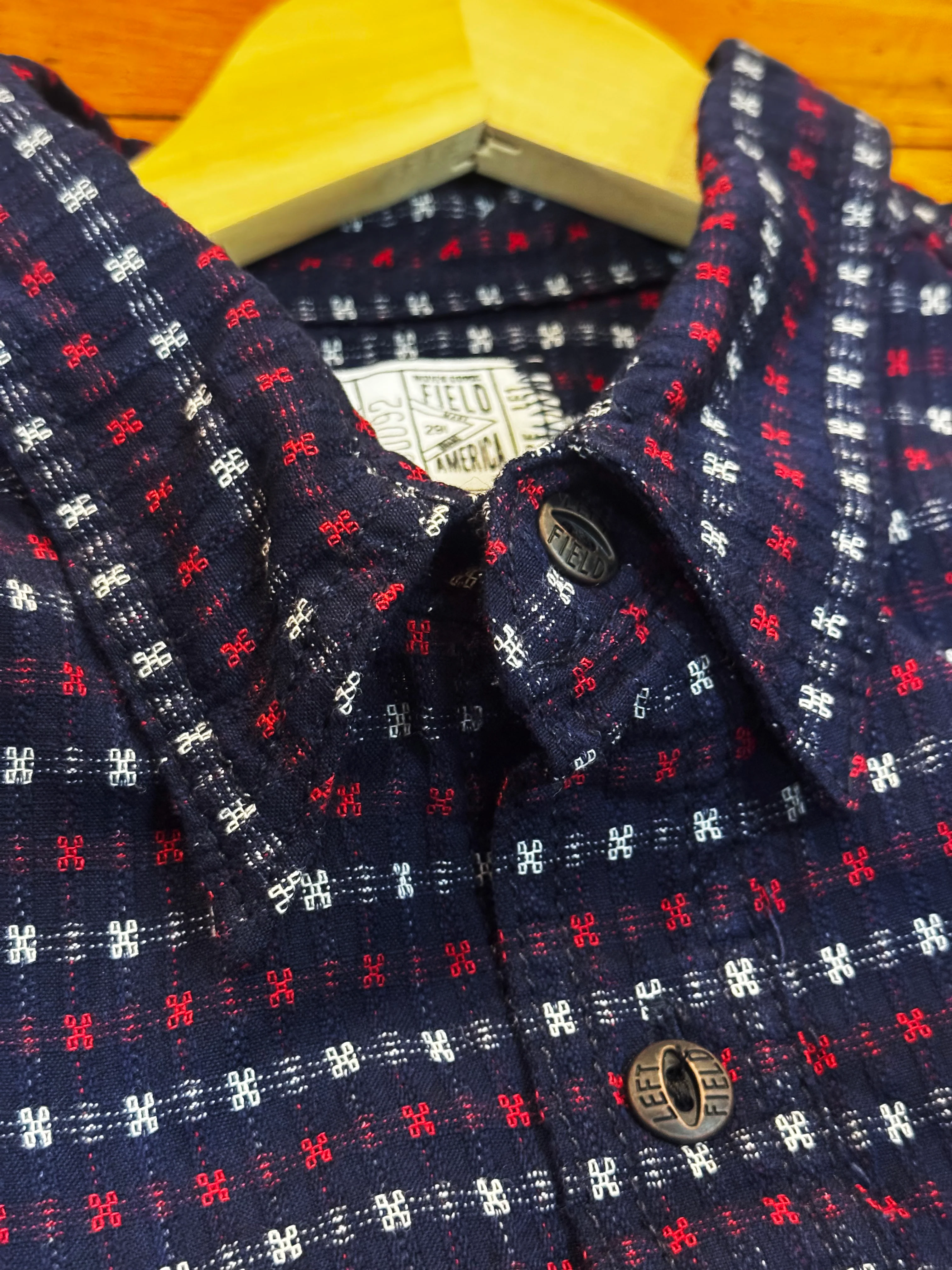 Hanten red & white jacquard check Indigo Farmer Cloth Work Shirt - Image 3