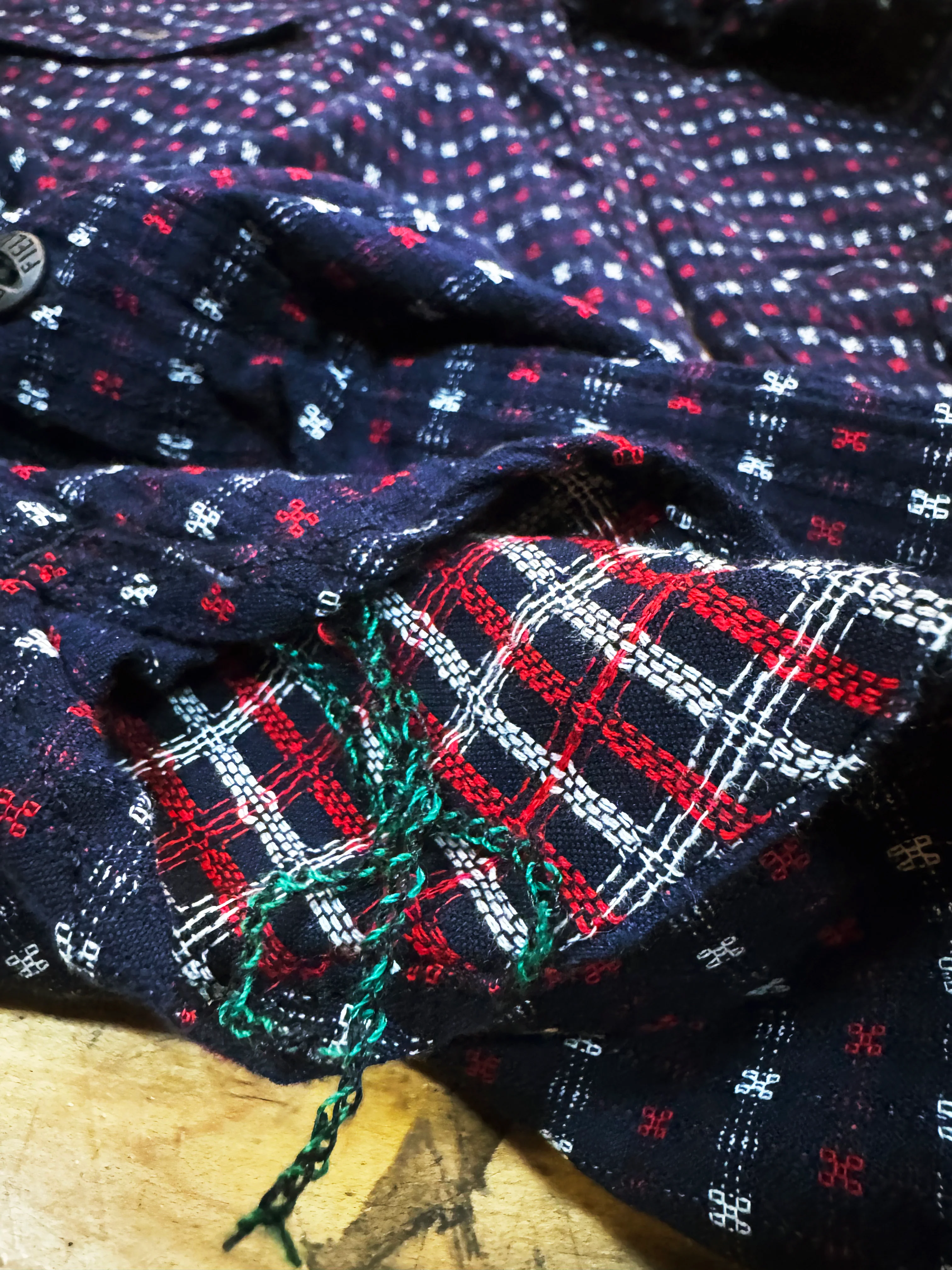 Hanten red & white jacquard check Indigo Farmer Cloth Work Shirt - Image 4