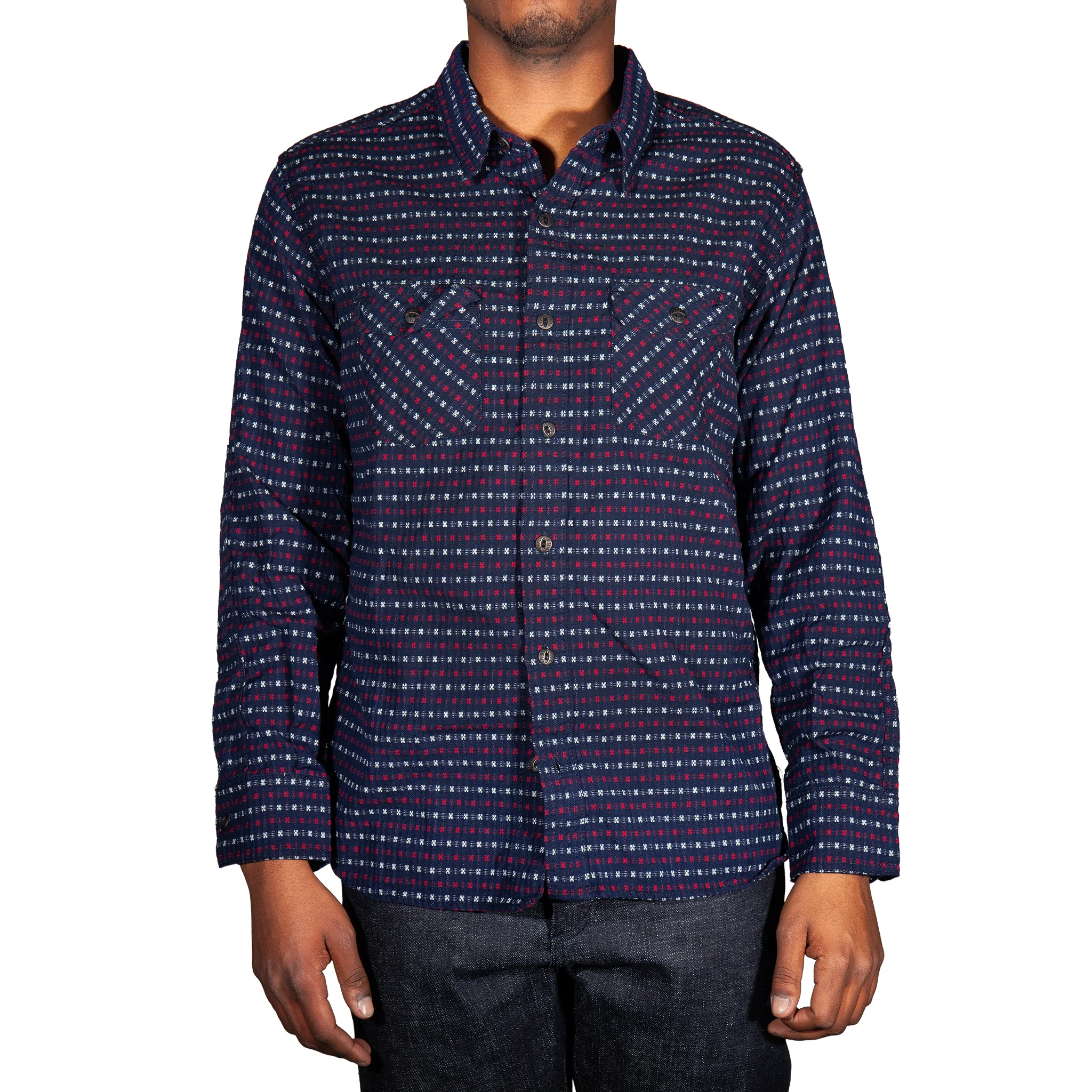Hanten red & white jacquard check Indigo Farmer Cloth Work Shirt - Image 6