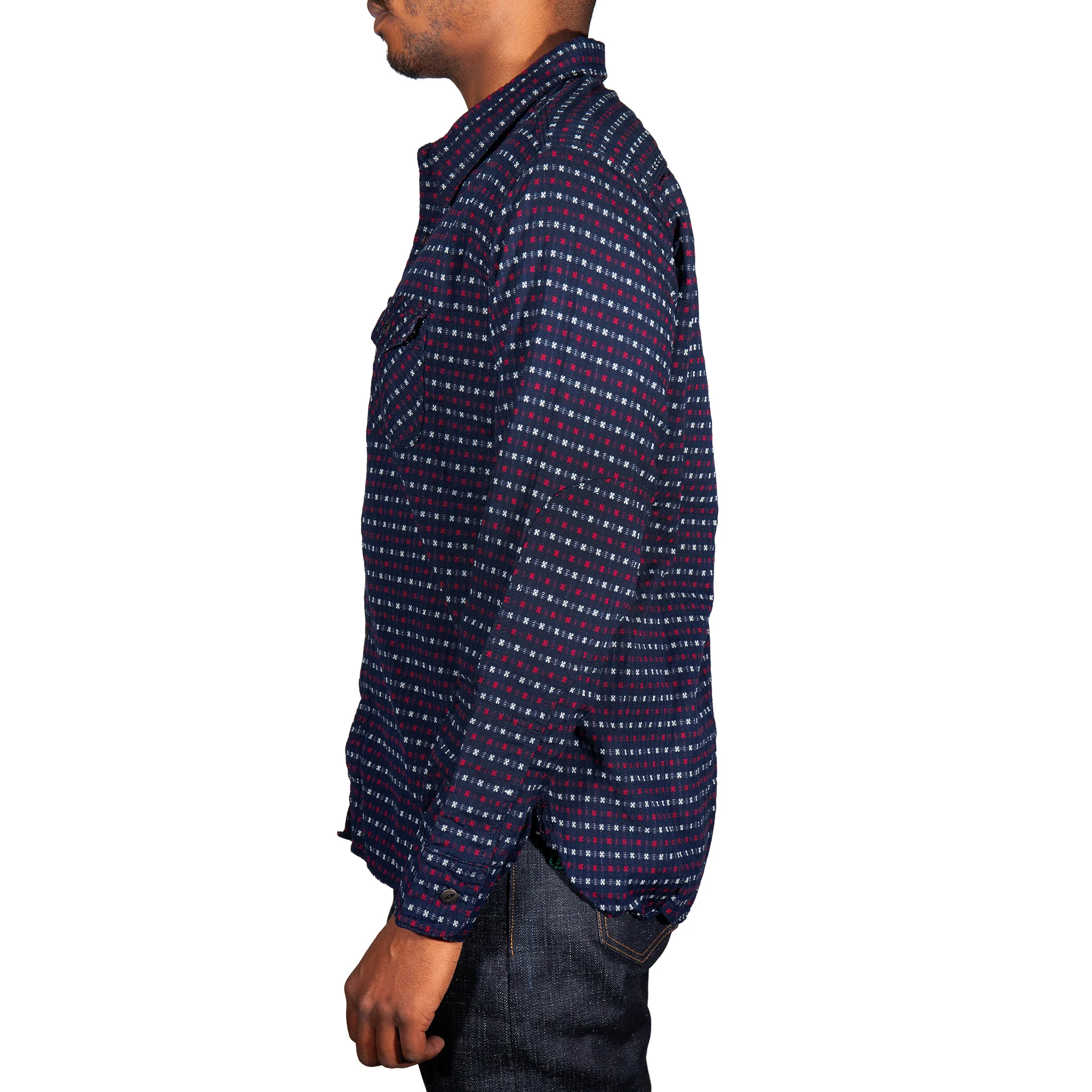 Hanten red & white jacquard check Indigo Farmer Cloth Work Shirt - Image 7