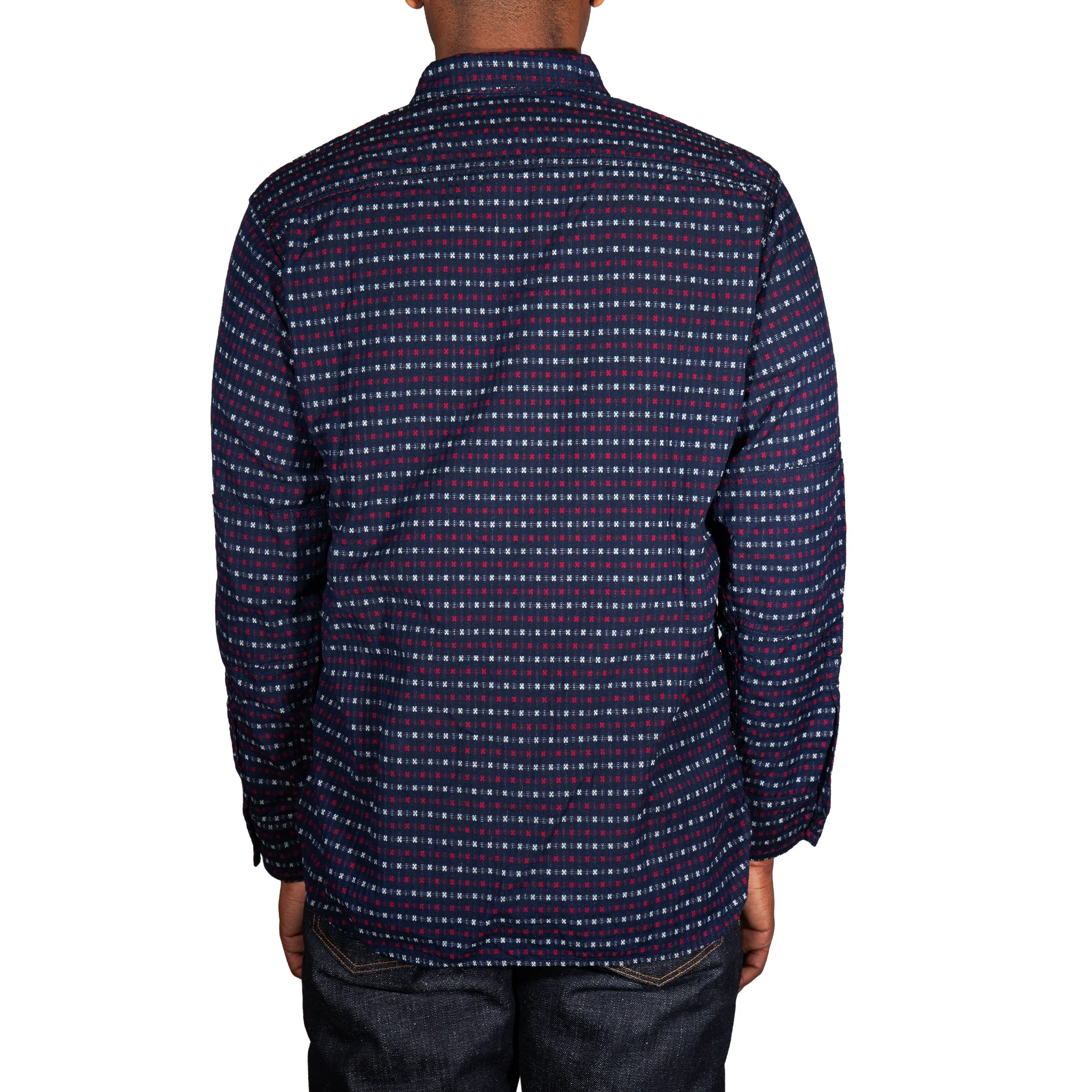 Hanten red & white jacquard check Indigo Farmer Cloth Work Shirt - Image 8