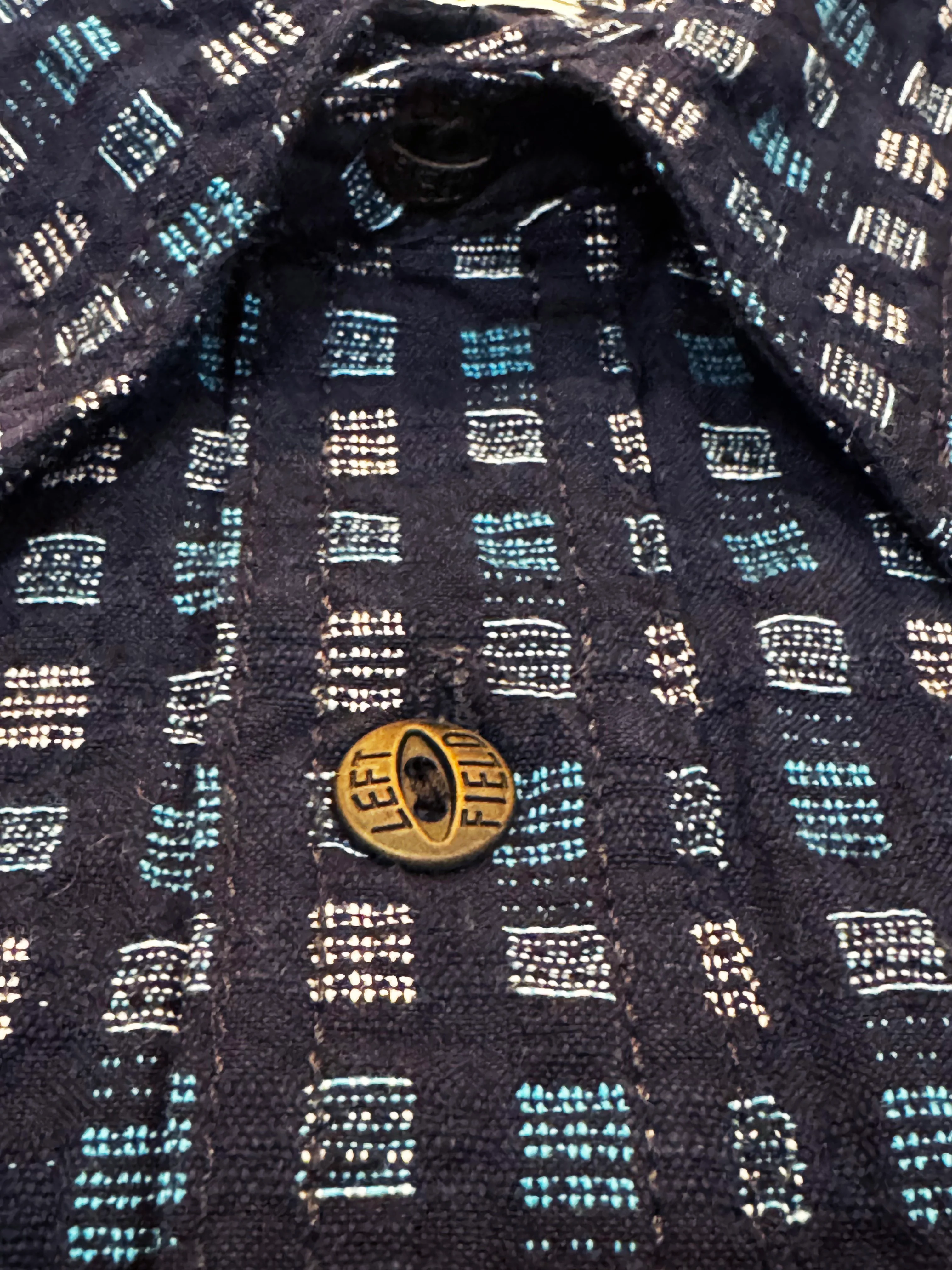 Hanten aqua and white Jacquard check Indigo Farmer Cloth work shirt. - Image 4