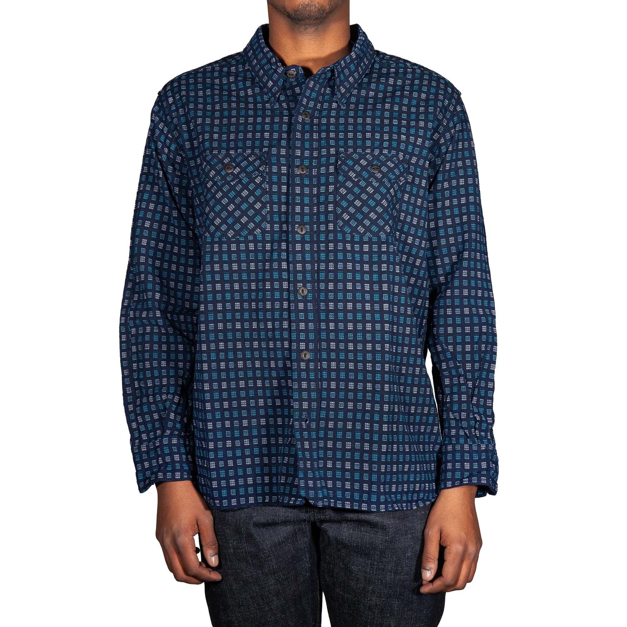 Hanten aqua and white Jacquard check Indigo Farmer Cloth work shirt. - Image 6