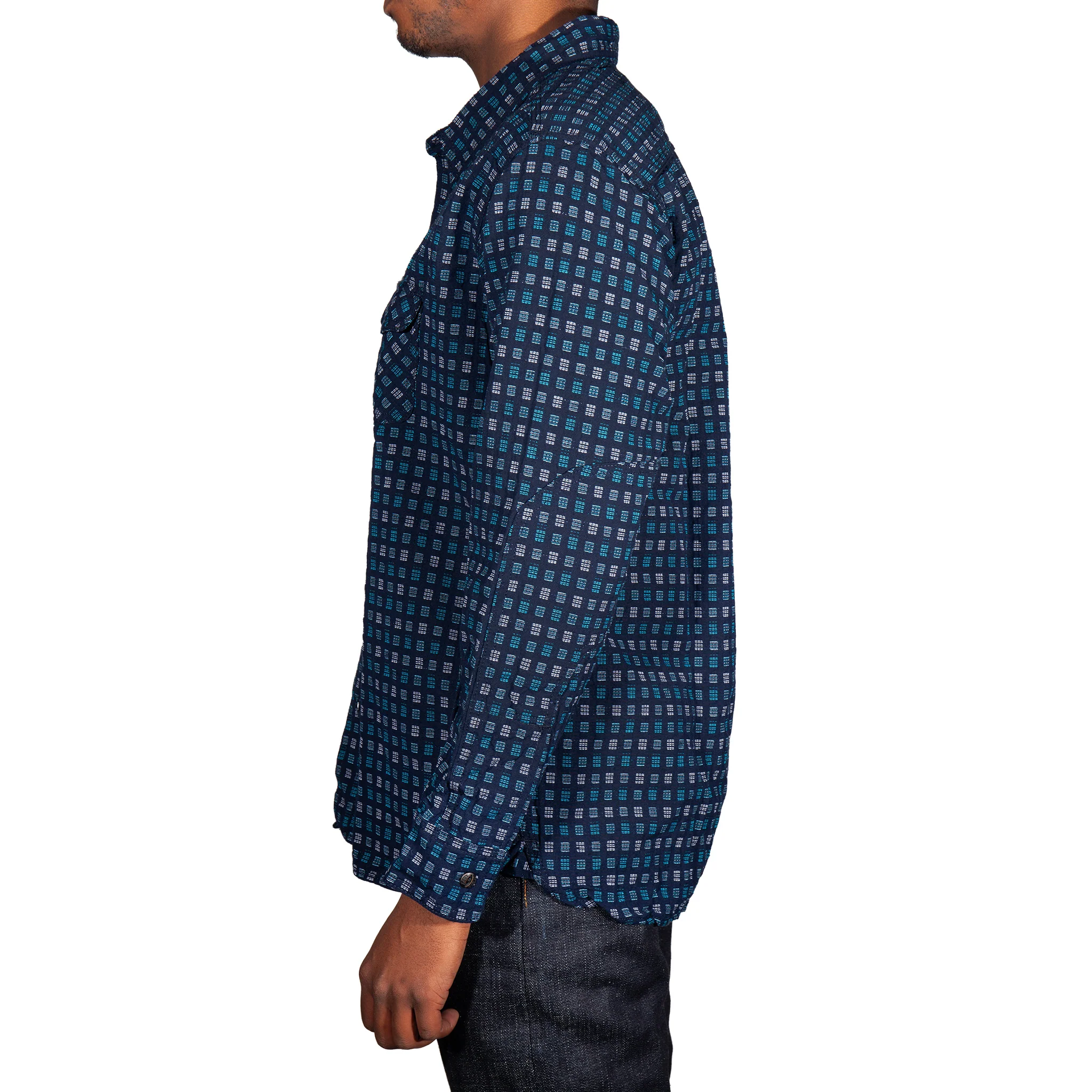 Hanten aqua and white Jacquard check Indigo Farmer Cloth work shirt. - Image 7
