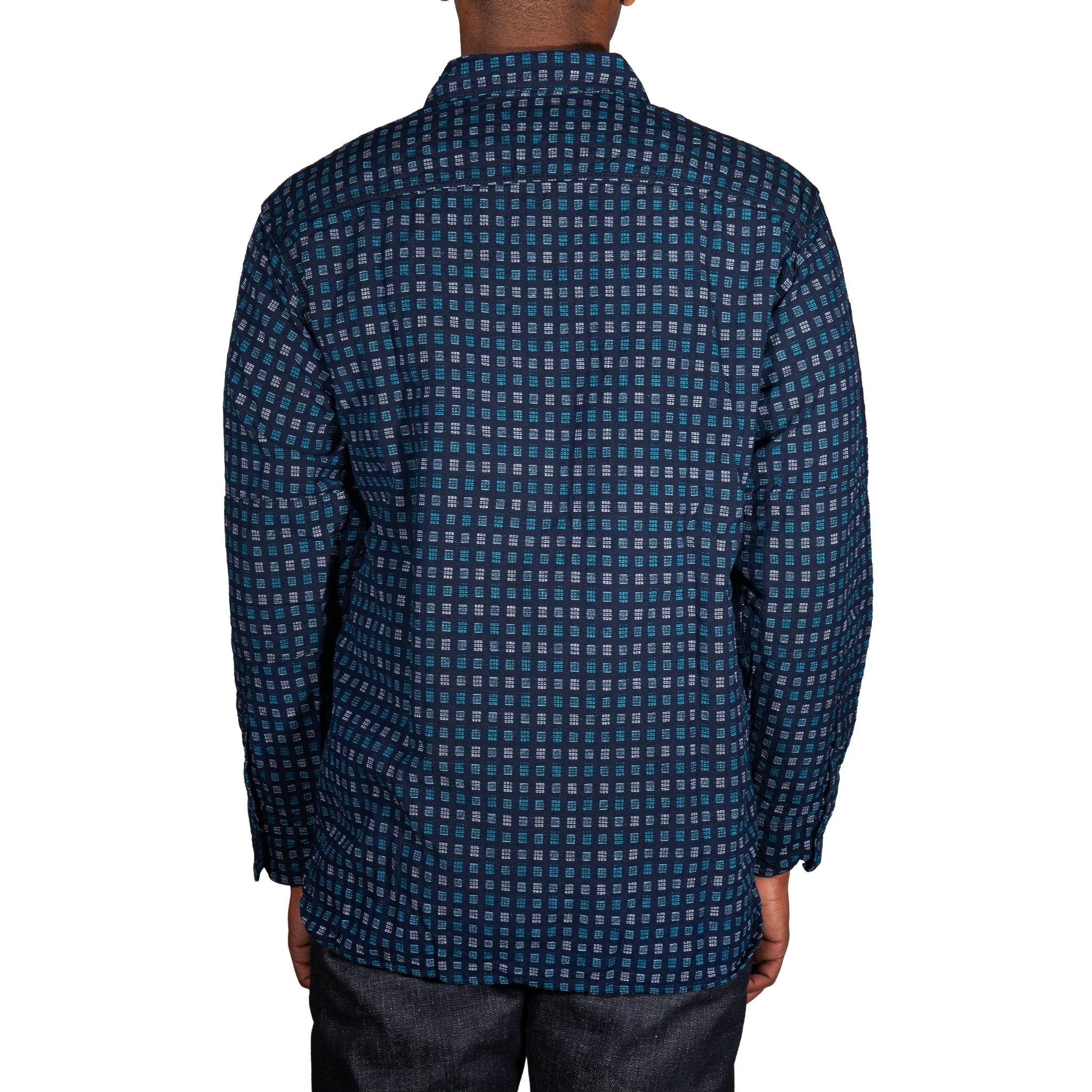 Hanten aqua and white Jacquard check Indigo Farmer Cloth work shirt. - Image 8