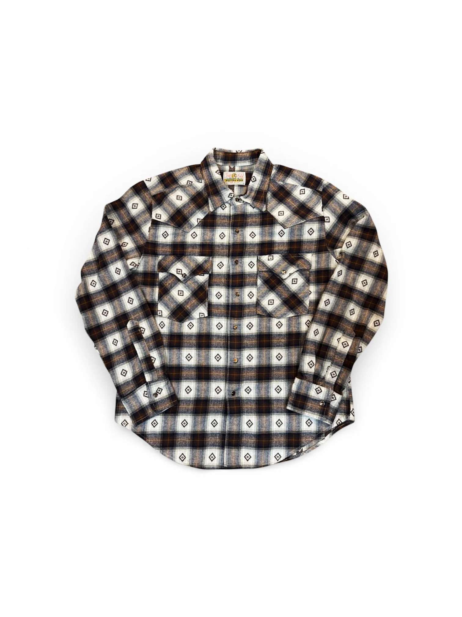 Japanese Western flannel with brown Trocus Pearl snap buttons