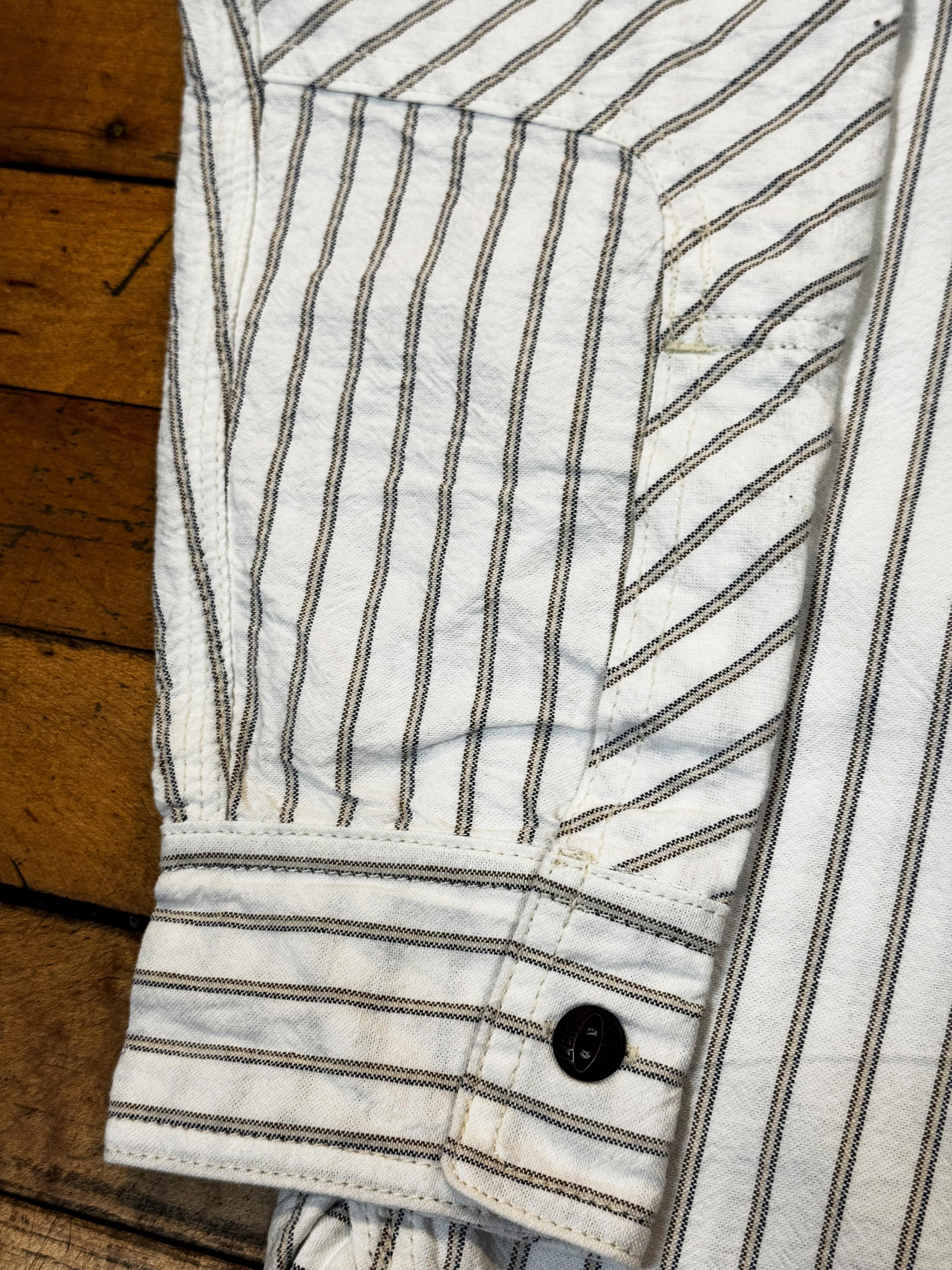 Japanese White with brown/navy Stripe 100% Cotton Dustbowl Work Shirt - Image 7